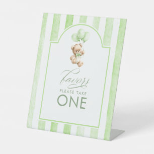 Favours Cute Teddy Bear Green Stripes Baby Shower Pedestal Sign