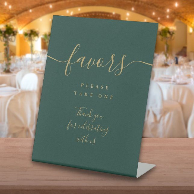 Favours Emerald Green And Gold Script Table Pedestal Sign (Favors Emerald Green And Gold Script Table Pedestal Sign)