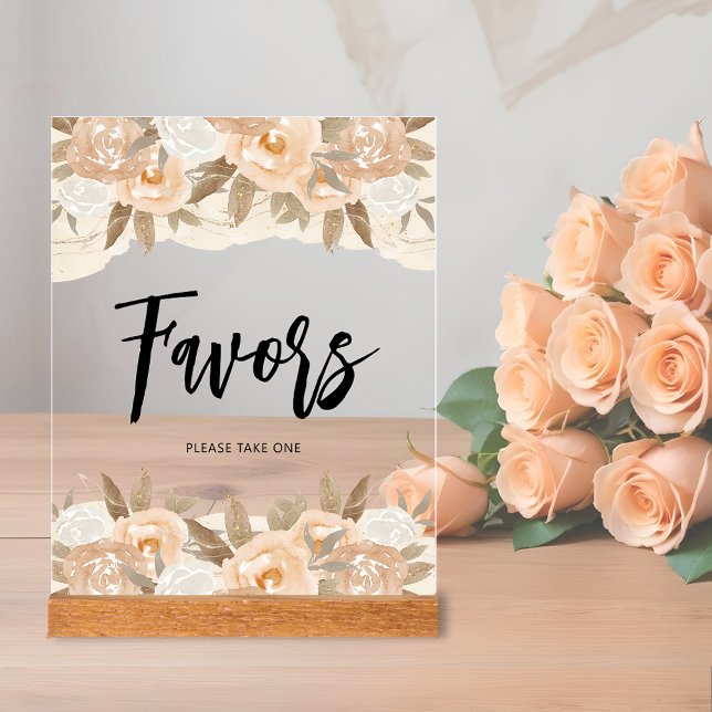 Favours Peach Flowers Bridal Shower Acrylic Sign (Favors bridal shower clear acrylic sign with rustic peach flowers and leaves on top and bottom)