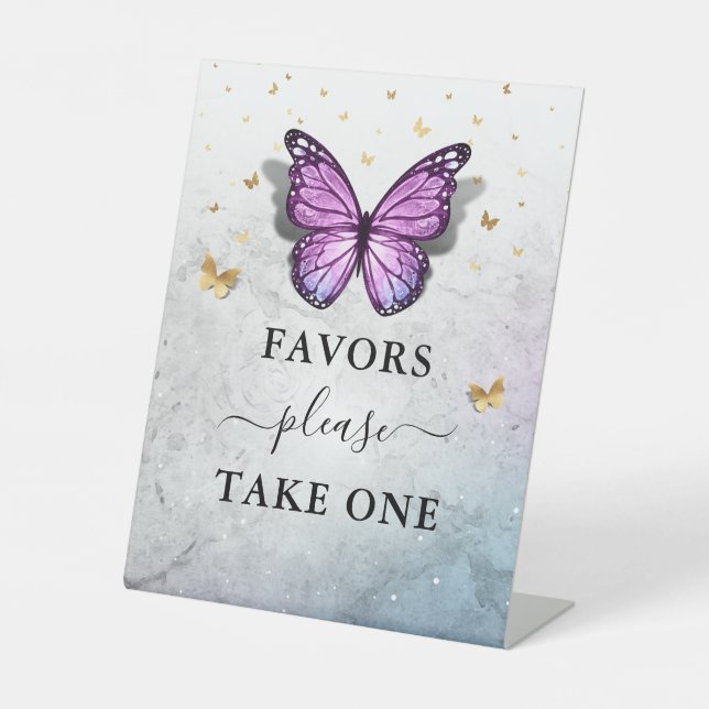 Favours Please Take One Gold and Purple Butterfly Pedestal Sign (Front)