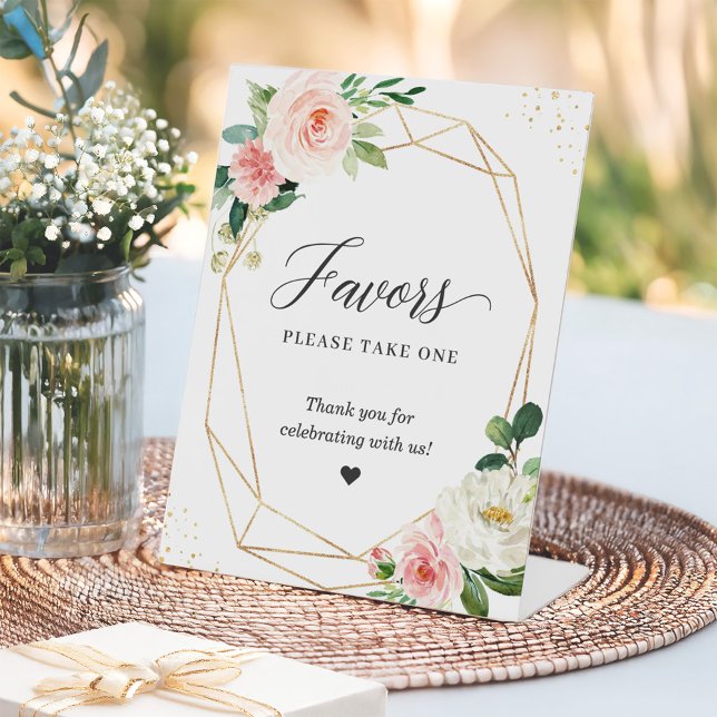 Favours Please Take One Gold Frame Blush Floral Pedestal Sign (Creator Uploaded)