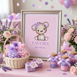 Favours Sign Cute Girl Bear Baby Shower Purple