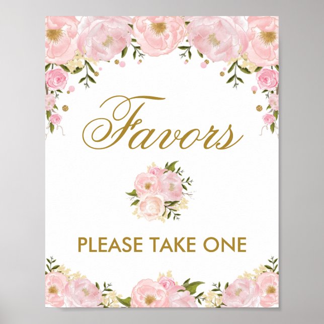 Favours Sign Pink Gold Flower Wedding Bridal Showe (Front)