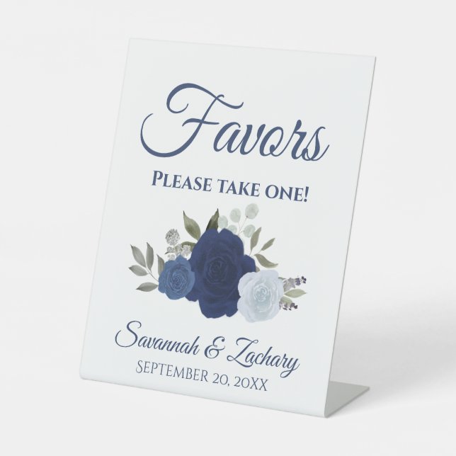 Favours Take One Cluster of Blue Roses Wedding Pedestal Sign (Front)