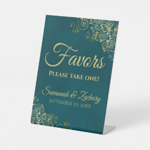 Favours Take One Dark Teal & Gold Wedding Pedestal Sign
