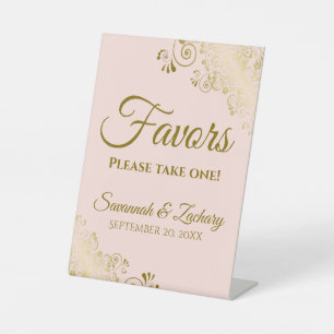 Favours Take One Elegant Blush Pink & Gold Wedding Pedestal Sign