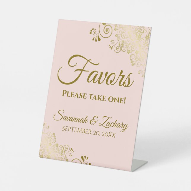 Favours Take One Elegant Blush Pink & Gold Wedding Pedestal Sign (Front)