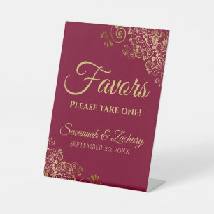 Favours Take One Elegant Burgundy & Gold Wedding Pedestal Sign