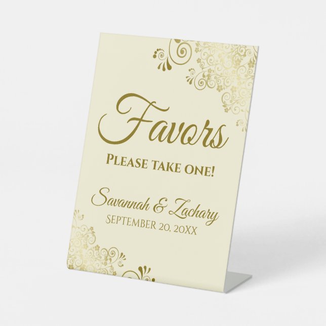 Favours Take One Elegant Gold & Cream Wedding Pedestal Sign (Front)