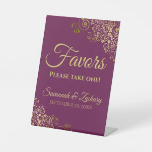 Favours Take One Elegant Magenta & Gold Wedding Pedestal Sign