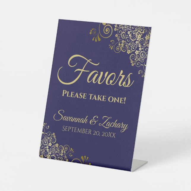 Favours Take One Elegant Navy Blue & Gold Wedding Pedestal Sign (Front)