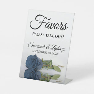Favours Take One Elegant Steel Blue Rose Wedding Pedestal Sign