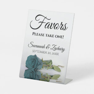 Favours Take One Elegant Teal Rose Wedding Pedestal Sign