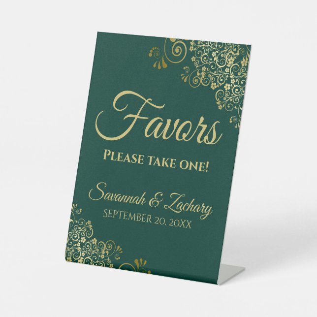 Favours Take One Emerald Green & Gold Wedding Pedestal Sign (Front)