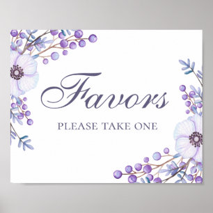 Favours take one. Purple flowers wedding sign
