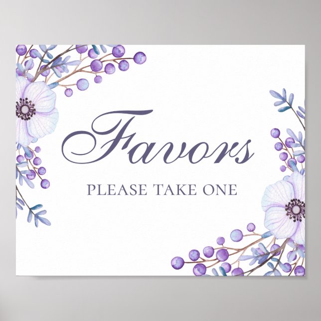 Favours take one. Purple flowers wedding sign (Front)