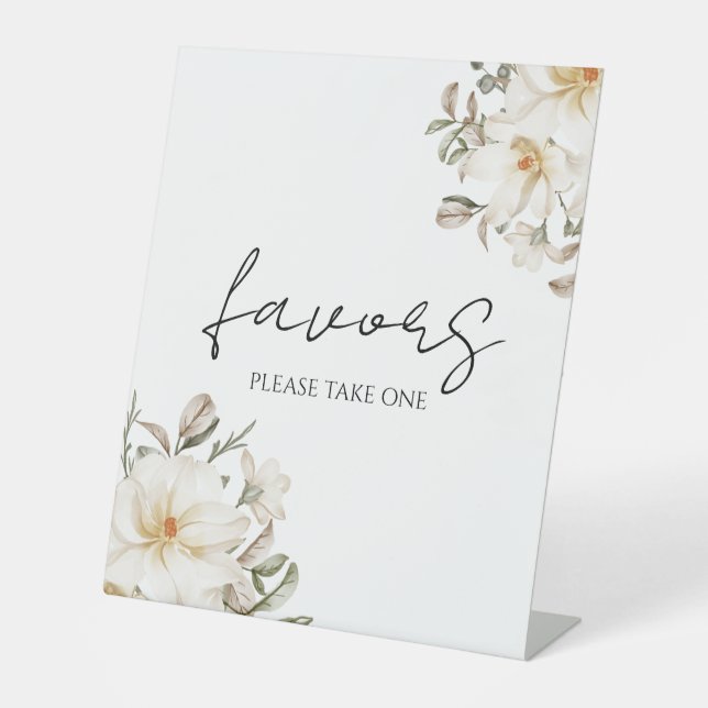 Favours White Floral Bridal Shower Modern Script Pedestal Sign (Front)