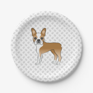 Fawn Adorable Boston Terrier Cartoon Dog & Paws Paper Plate