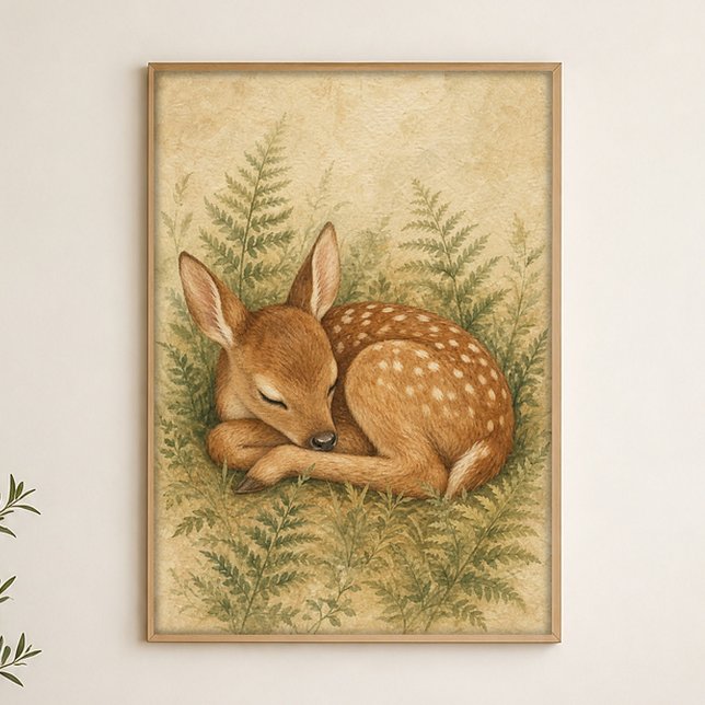 Fawn Among Ferns Watercolour Whimsical Art Poster (Shown framed for scale. Poster ships unframed; frames are an optional add-on.)