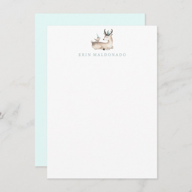 Fawn and Bird Stationery - Baby Deer Note Cards (Front/Back)
