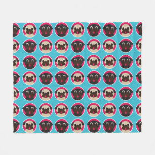 Fawn and Black Pugs in Circles on Ocean Blue Fleece Blanket