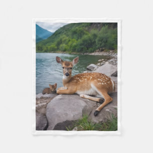 Fawn and Cat by River Cosy Fleece Blanket