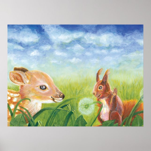 Fawn and Squirrel Spring Illustration Poster (Front)