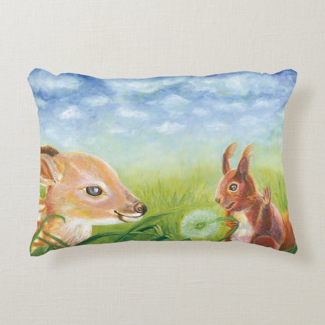 Fawn and Squirrel Spring Meadow Illustration Decorative Cushion (Front)