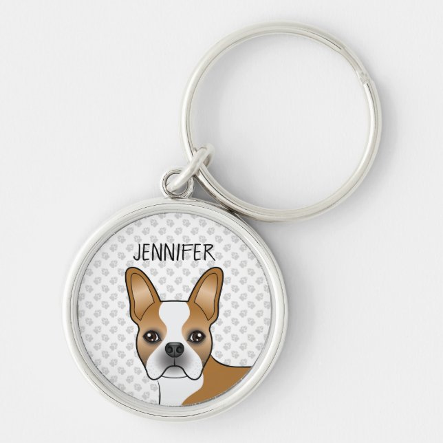 Fawn And White Boston Terrier Cartoon Dog & Name Key Ring (Front)