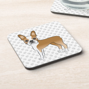 Fawn And White Boston Terrier Cartoon Dog & Paws Coaster