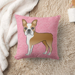Fawn And White Boston Terrier Dog On Pink Hearts Cushion