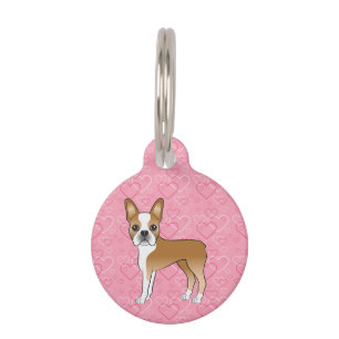 Fawn And White Boston Terrier Dog On Pink Hearts Pet Tag