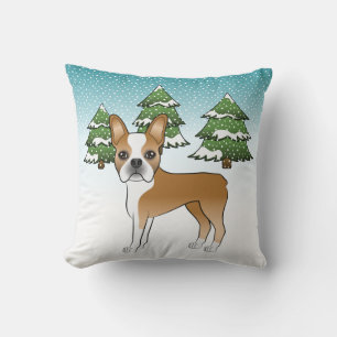 Fawn And White Boston Terrier In A Winter Forest Cushion
