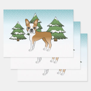 Fawn And White Boston Terrier In A Winter Forest Wrapping Paper Sheet