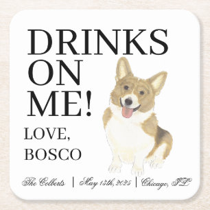 Fawn and White Corgi Dog Wedding Square Paper Coaster