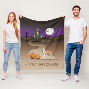 Fawn And White Iggy And Halloween Haunted House Fleece Blanket