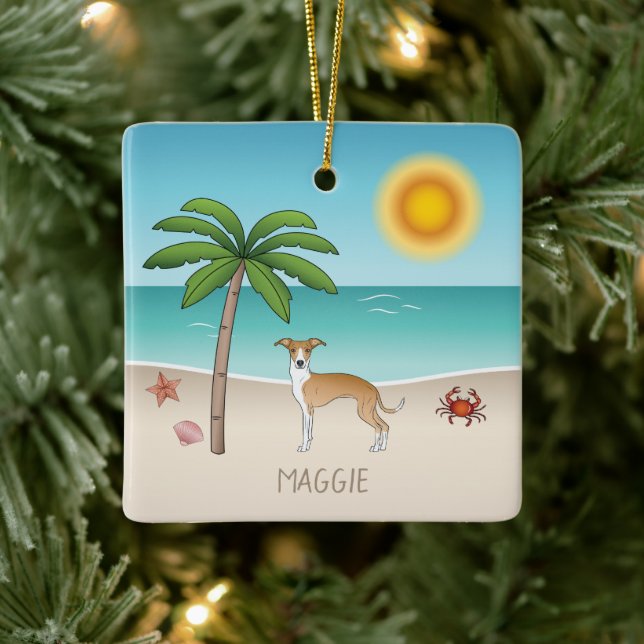 Fawn And White Iggy Dog At A Tropical Summer Beach Ceramic Ornament (Tree)