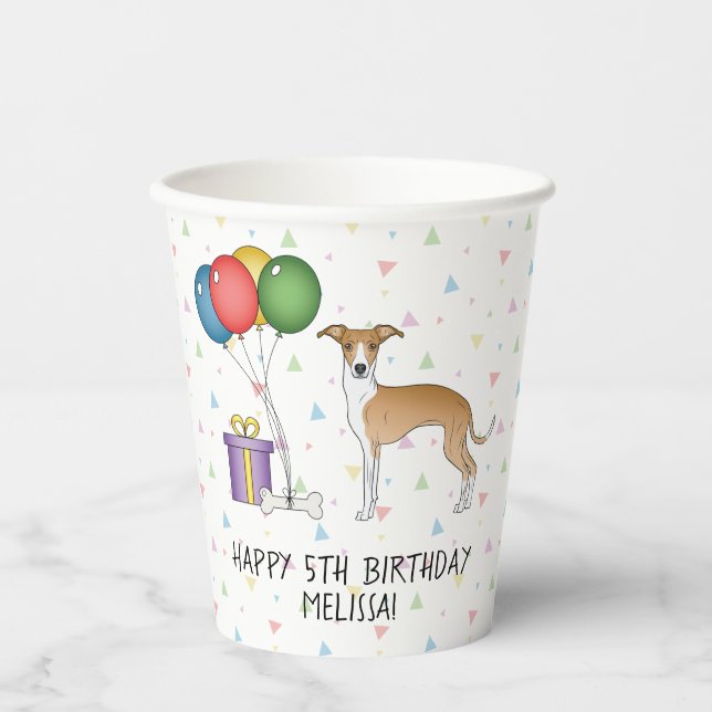 Fawn And White Italian Greyhound - Happy Birthday Paper Cups (Front)