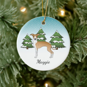 Fawn And White Italian Greyhound In Winter Forest Ceramic Tree Decoration
