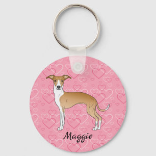 Fawn And White Italian Greyhound On Pink Hearts Key Ring