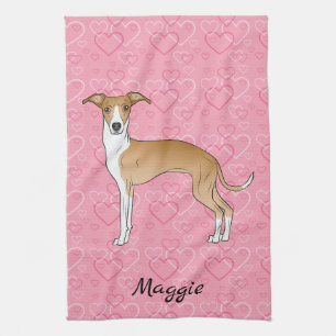 Fawn And White Italian Greyhound On Pink Hearts Tea Towel