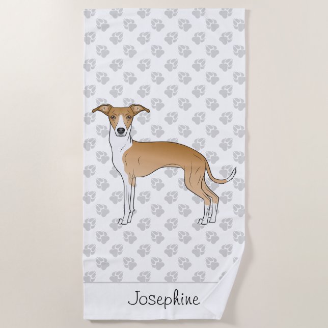 Fawn And White Italian Greyhound With Custom Name Beach Towel (Front)
