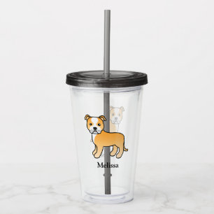Fawn And White Staffie Cute Cartoon Dog & Name Acrylic Tumbler