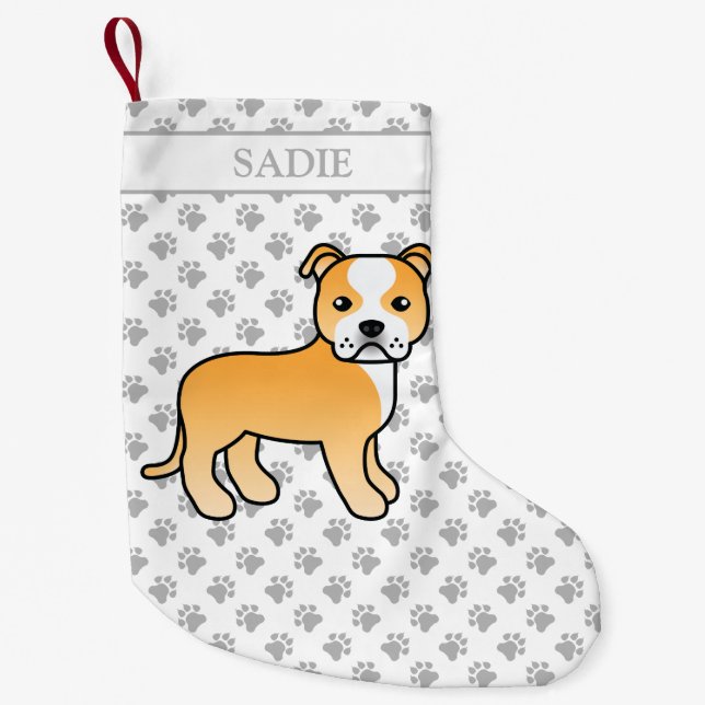 Fawn And White Staffie Cute Cartoon Dog & Name Small Christmas Stocking (Front)