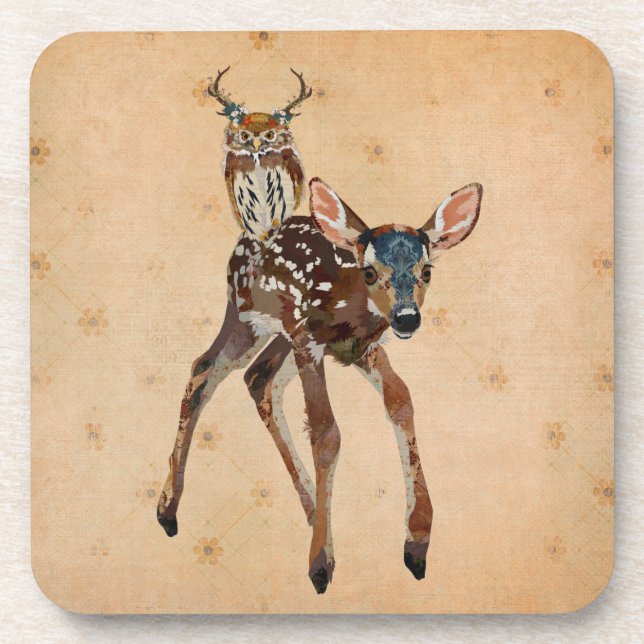 FAWN & ANTLER OWL  Coaster (Front)