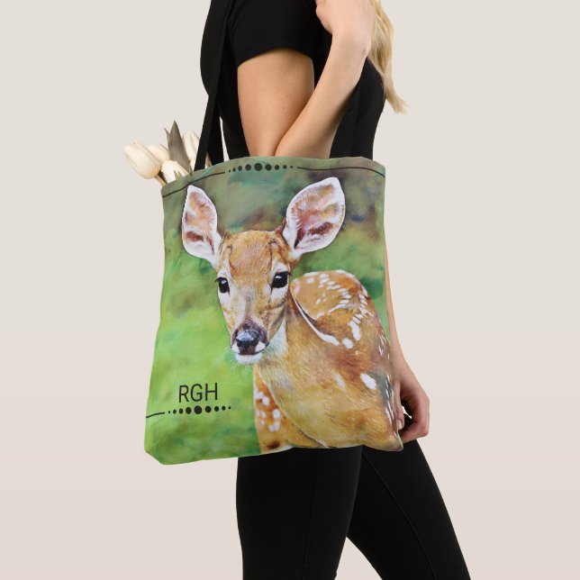 Fawn Baby Deer Artwork Monogram Tote Bag (Close Up)