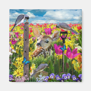 Fawn Birds Field of Flowers Magnet