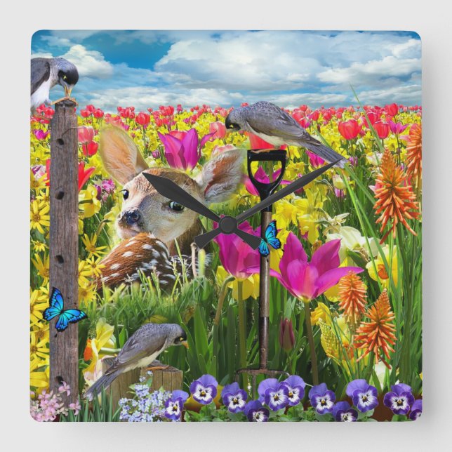 Fawn Birds Field of Flowers Square Wall Clock (Front)