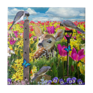 Fawn Birds Field of Flowers Tile