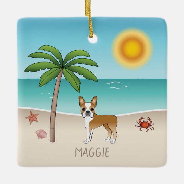 Fawn Boston Terrier At A Tropical Summer Beach Ceramic Ornament (Front)